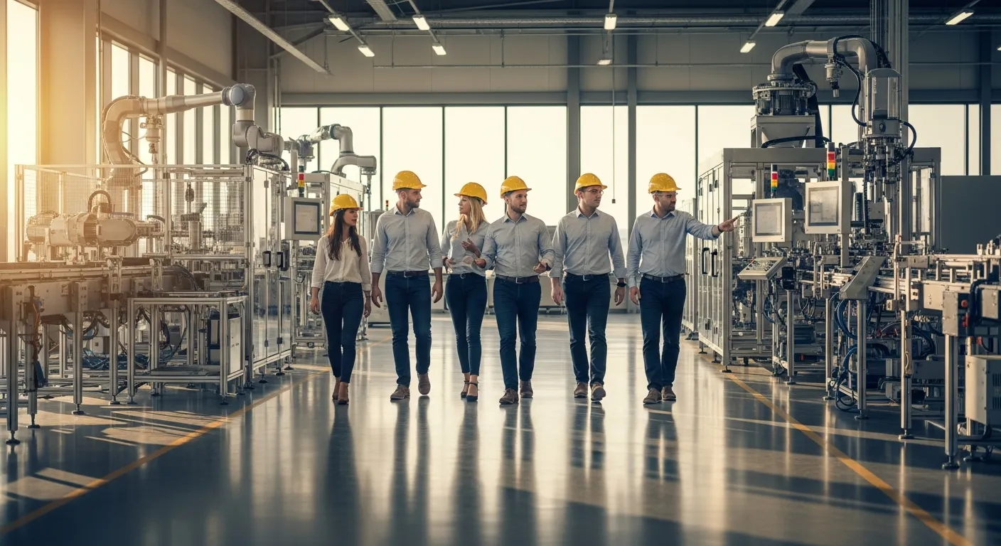 An IBS team walking a manufacturing floor together